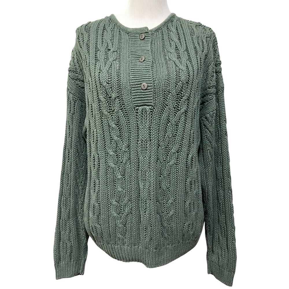 Vintage 90s Cable Knit Sweater Women’s Size M Henley Fisherman Cotton Blend